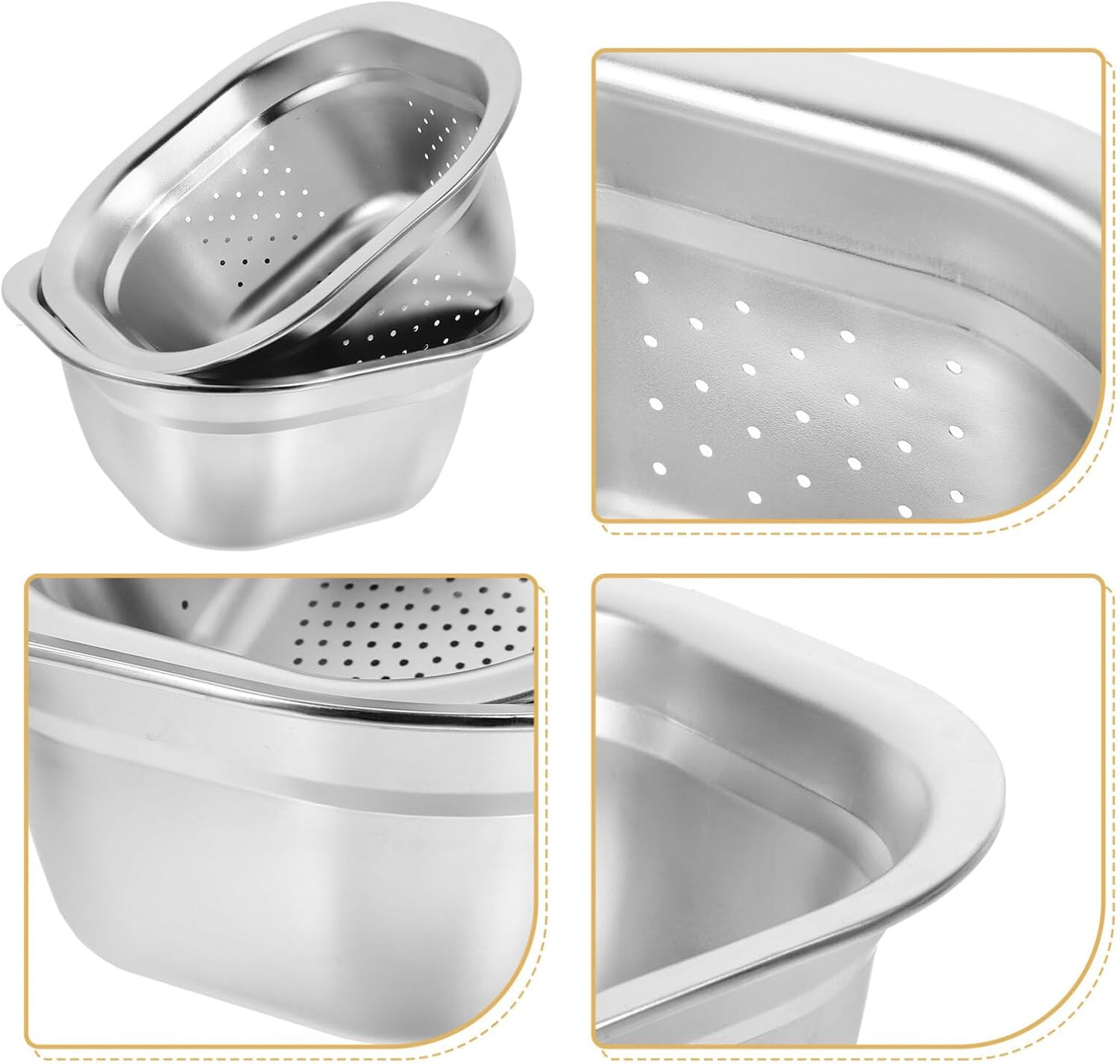 Zerodeko Stainless Steel Colander Bowl Set Square Kitchen Sink Metal Storage Basket Large Capacity Fruit Vegetables Washing Basin Rice Strainer Washer 22cm