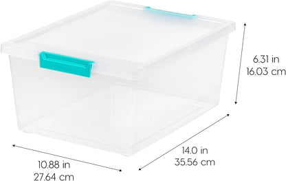 IRIS USA 12 Qt. Craft Storage Bins with Lids, 4-Pack, |Made in USA|, Clip Box, Medium Plastic Sensory Bin Tote Organizer Containers for Art Supplies, Paper, & Office, Stackable - Clear/Seafoam Blue