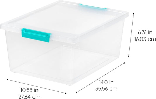 IRIS USA 12 Qt. Craft Storage Bins with Lids, 4-Pack, |Made in USA|, Clip Box, Medium Plastic Sensory Bin Tote Organizer Containers for Art Supplies, Paper, & Office, Stackable - Clear/Seafoam Blue
