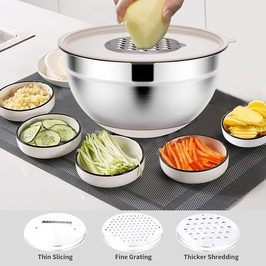Rottay Mixing Bowls with Airtight Lids, 20PCS Stainless Steel Mixing Bowl Set, Nesting Bowls with 3 Grater Attachments & Non-Slip Bottoms, Size7, 4, 3, 2, 1.5, 1QT Bowls for Baking&Prepping