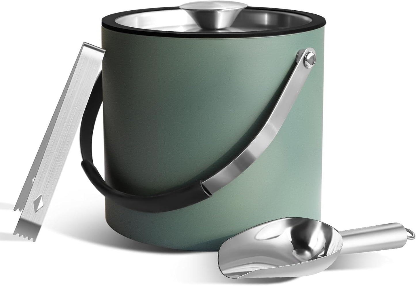 Bakpoco Insulated Ice Bucket with Silicone Lid, Scoop, Tongs & Strainer, 3L Stainless Steel Double Wall Ice Buckets for Parties & Cocktail Bar, Champagne Ice Bucket with Lid for Freezer, Ivory