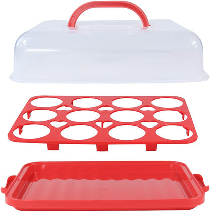 Cake Carrier with Lid, Cake Holder Cupcake Container for 12 Cupcakes 2 in 1 Portable Dessert Container for Pie Muffin Cobbler (Red)