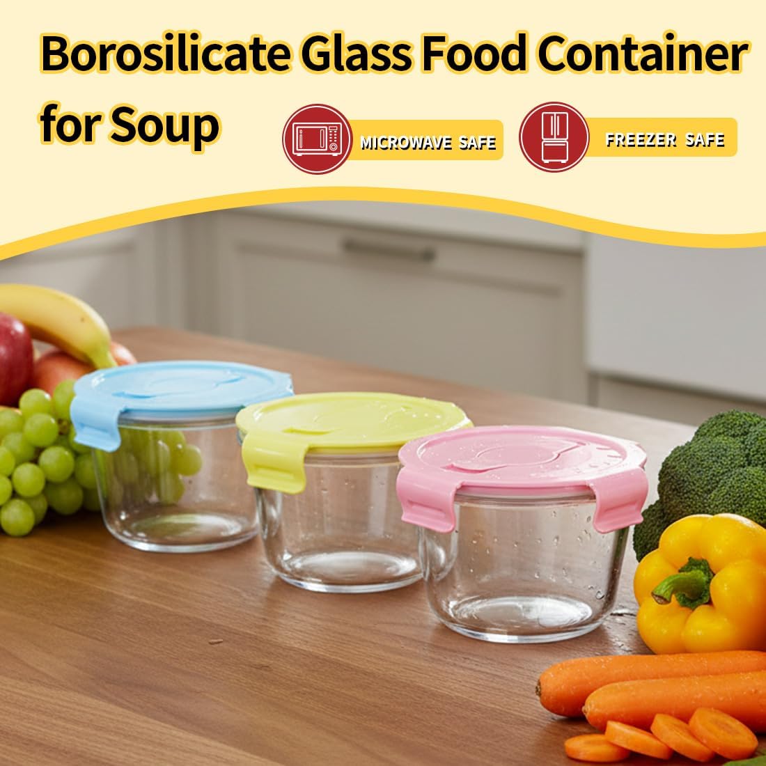 Small Round Glass Food Storage Containers with Lids, 1.5 Cup Round Food Containers set BPA-Free, 12oz Glass Lunch Bowls for Soup Leftover, Microwave, Dishwasher and Freezer Safe (4pack)