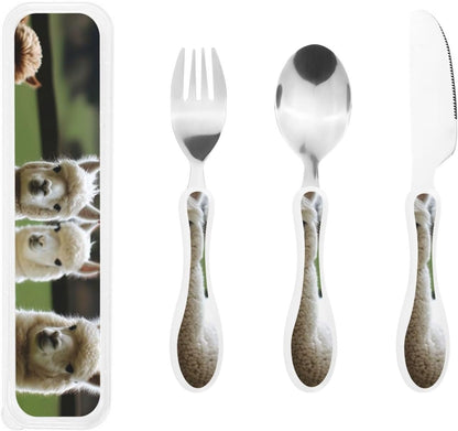 3-Piece Kids Silverware Set With Storage Case, Stainless Steel Reusable Children Safe Knife Spoon Fork Set Alpaca Cactus Children Flatware Set For Kids Lunch Box