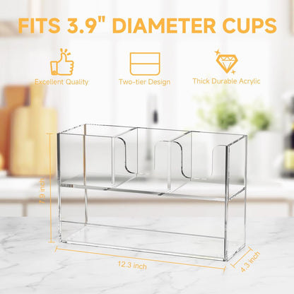 Coffee Condiment and Cup Organizer - 2-Tier Upright Cup and Lid Holder with Straw Organizer 2 Compartments Clear Acrylic Cup Dispenser for Restaurant Breakroom Coffee Station Countertop