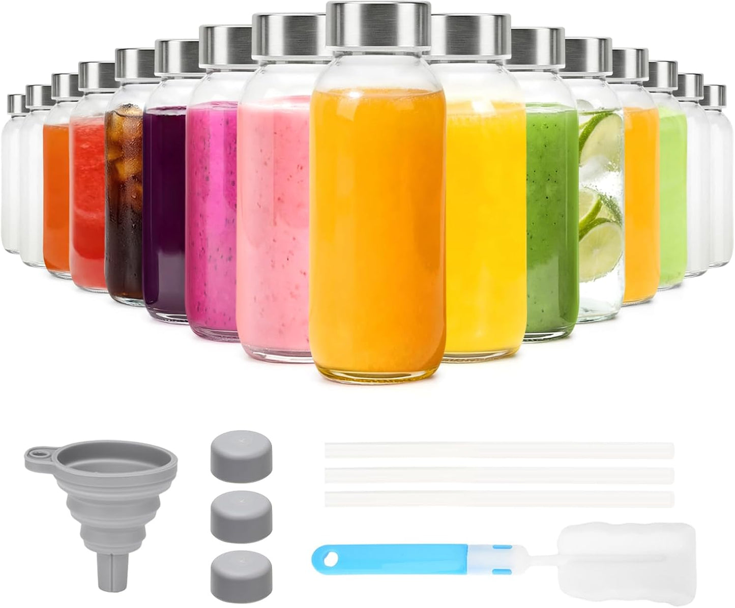 Glass Juice Bottles with Lids 10 oz, 6 Pack Reusable Small Glass Bottles with Stainless Steel Caps & Straws, BPA-Free Leak proof Juice Bottle Containers for Juicing, Milk, Smoothies & Fridge