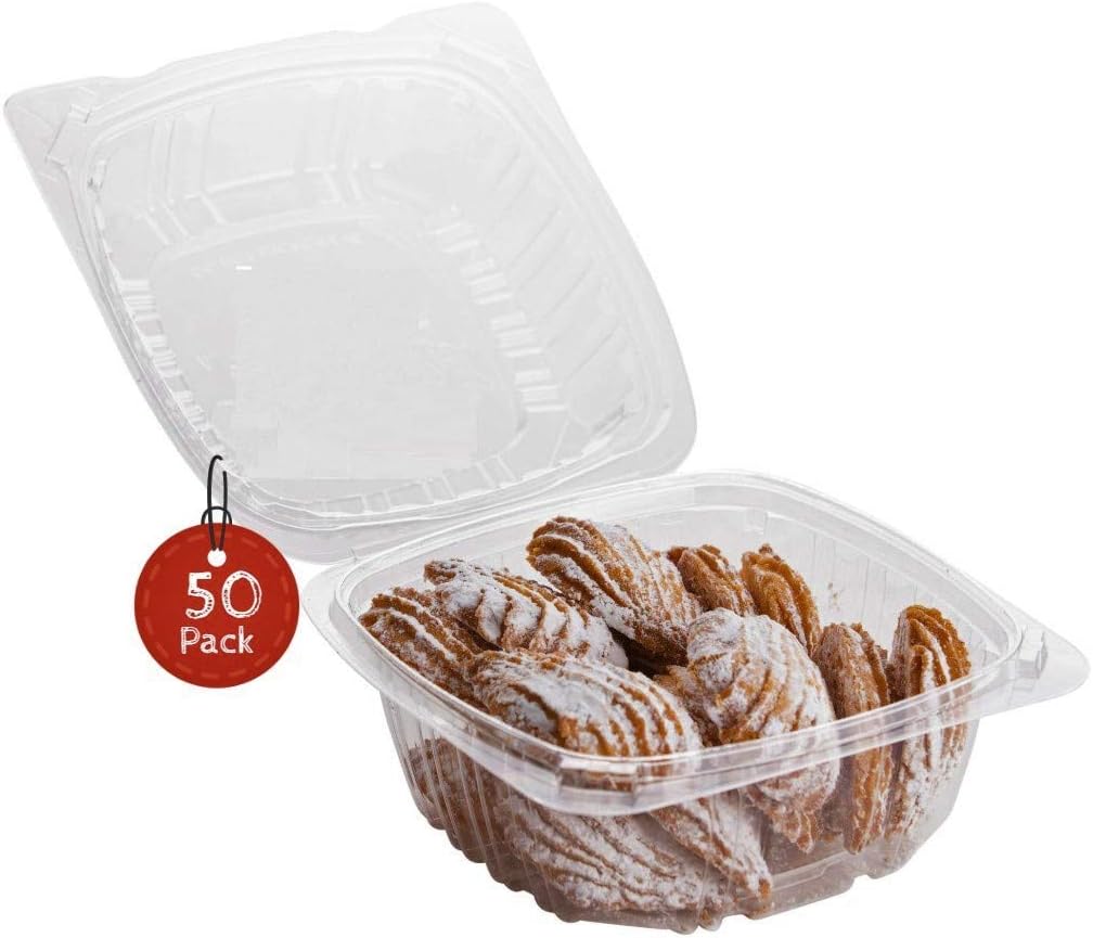 Smygoods Plastic Clamshell Food Containers, (Pack of 50-8x8x3 3/8) 3-Compartment, to go Containers, Hinged Food Container