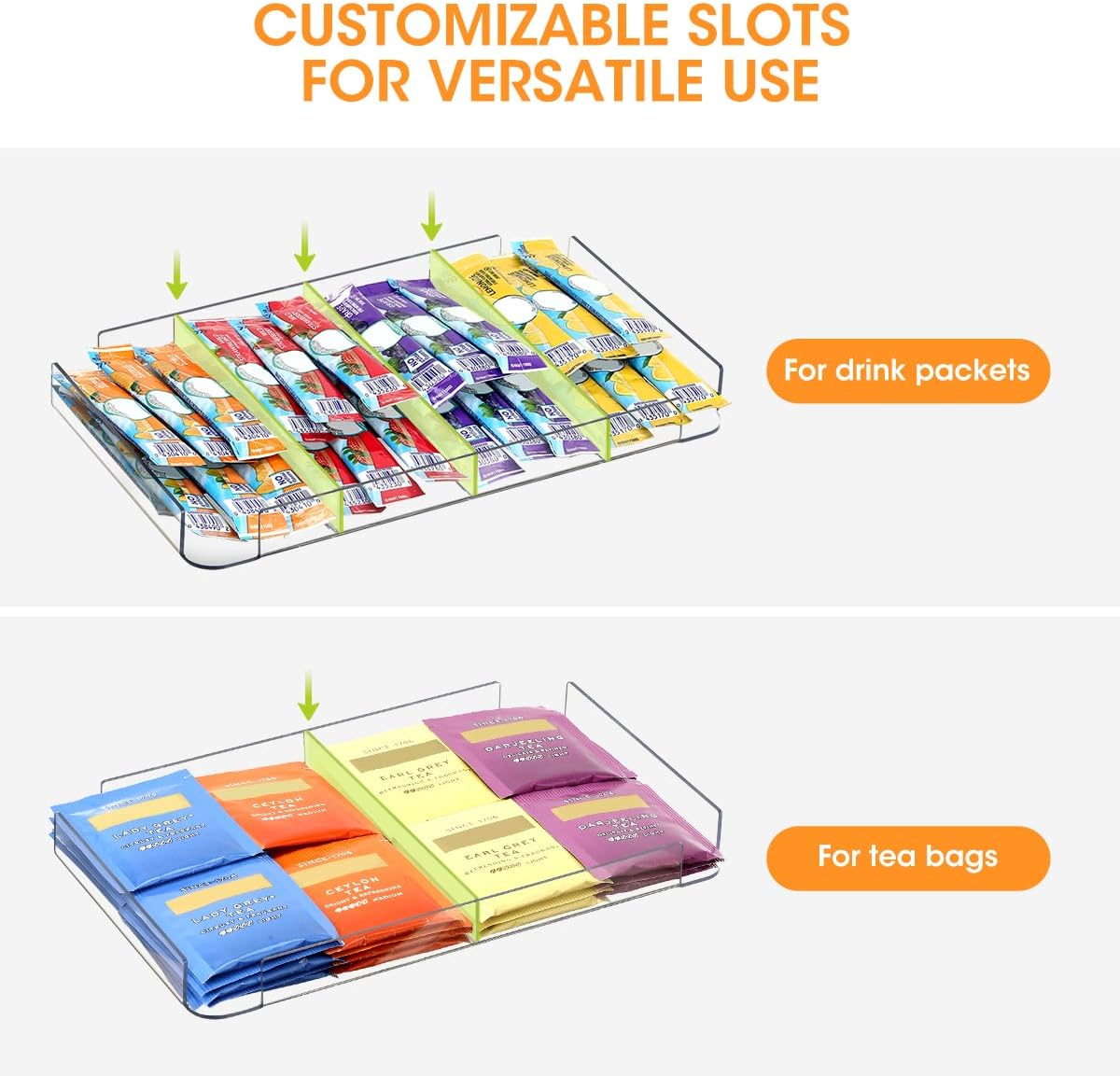 AIEVE Drink Packet Organizer, 2-Tier Tea Bag Organizer with Lid, Stackable Clear Pantry Storage Bins with Adjustable Dividers, Acrylic Water Packet Holder for Cabinet Kitchen Storage Organization