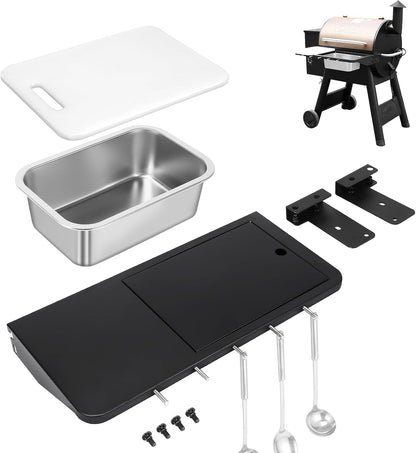 QuliMetal Folding Front Shelf for Traeger Pro 34, Texas Elite 34, Century 885 and Eastwood 34, 37" x 12" Heavy-Duty Grill Prep Table with Cutting Board, Stainless Steel Basin, Lid and 5 Hooks