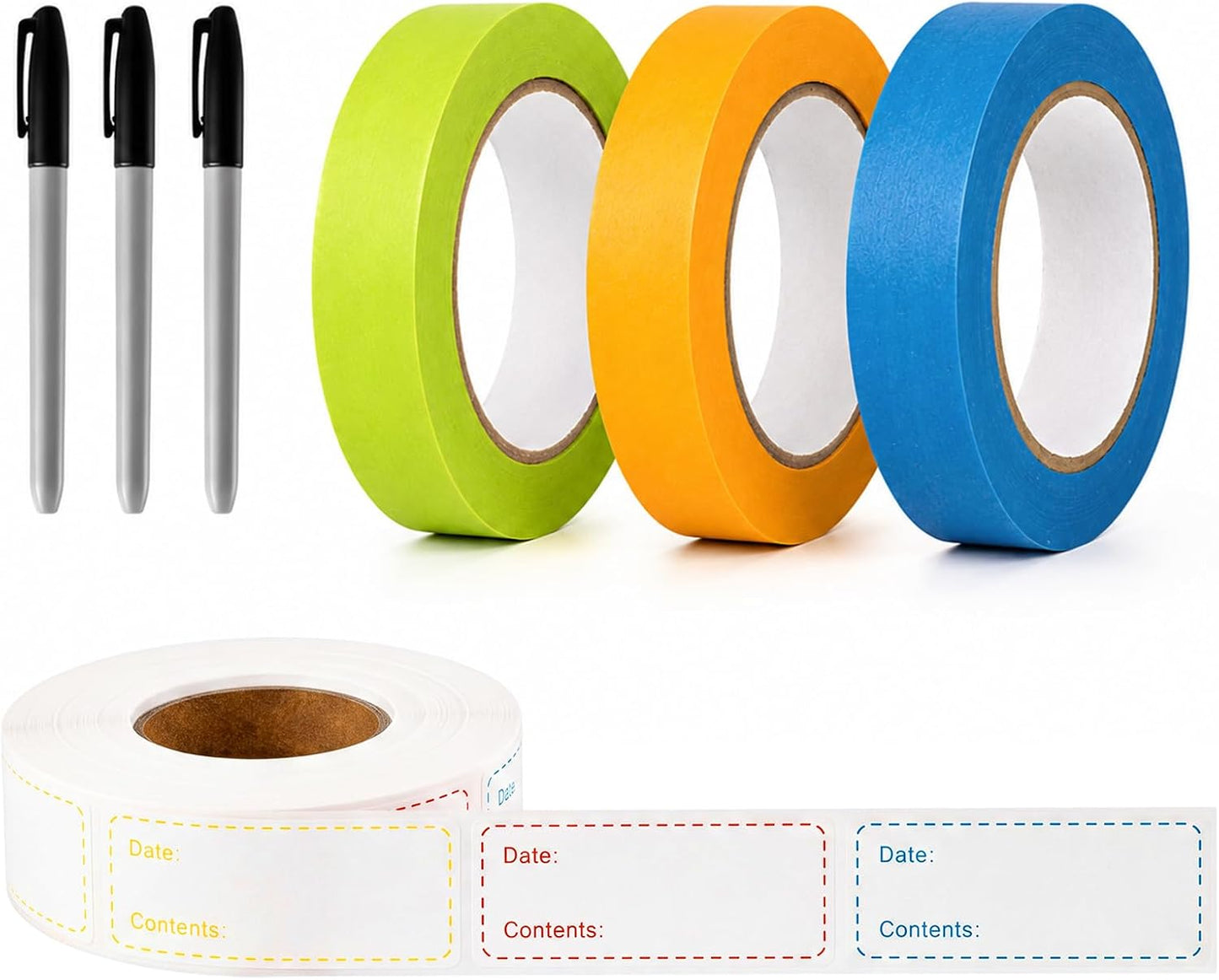 Resurhang Freezer Label Kit for Food Storage Includes 500 Pcs Waterproof Removable Food Labels 3/4 Inch x 55 Yd, 3 Rolls Masking Tape, 3 Marker Pens for Kitchens Refrigerator Meal Prep(White)