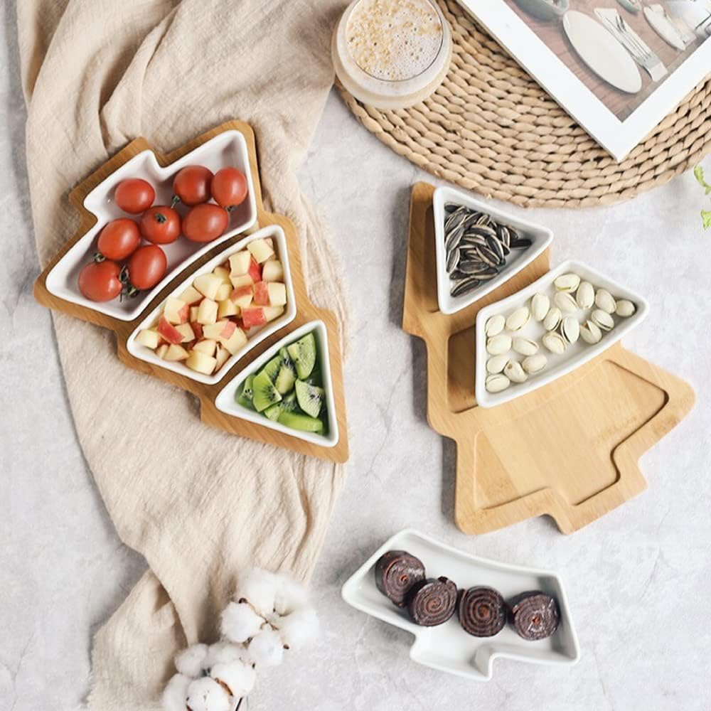 White Tree Plates Chip & Dip Set, 11 Inches Ceramic Snack Plate with Bamboo Tray, Removable Porcelain Christmas Tree Appetizer Dessert Fruit Salad Saucers Bowl, Cutlery Platter Serving Dish