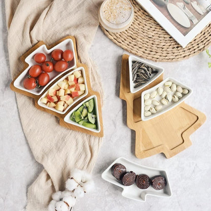 White Tree Plates Chip & Dip Set, 11 Inches Ceramic Snack Plate with Bamboo Tray, Removable Porcelain Christmas Tree Appetizer Dessert Fruit Salad Saucers Bowl, Cutlery Platter Serving Dish