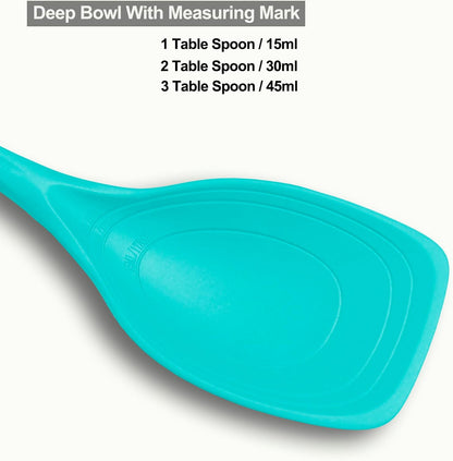 Large Silicone Cooking Spoon, Non-Stick Solid Spoon set with Deep Bolw and Measurement Mark for Mixing, Serving, Draining, Scooping, Scraping, Heat Resistant Kitchen Utensils, Black