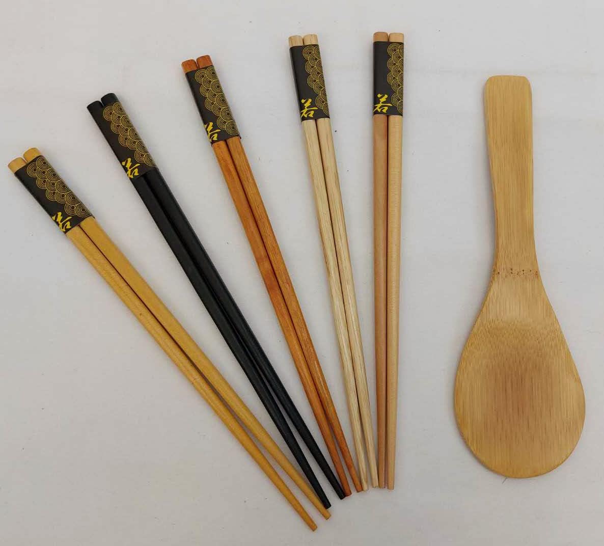 JapanBargain, Japanese Style Wooden Chopsticks and Bamboo Rice Paddle Gift Set, 5 Pairs Reusable Hardwood Chopsticks with 8" Rice Scoop in Gift Box, Dishwasher Safe