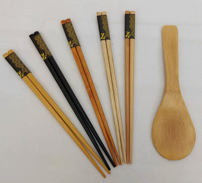 JapanBargain, Japanese Style Wooden Chopsticks and Bamboo Rice Paddle Gift Set, 5 Pairs Reusable Hardwood Chopsticks with 8" Rice Scoop in Gift Box, Dishwasher Safe