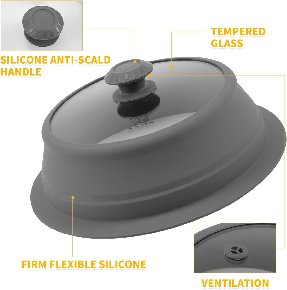 Collapsible Microwave Splatter Lid with Vented Tempered Glass Cover Wok Lid for Microwave Safe, Stockpot Steamer Pot Pan Round Bowl 6" 7" 8" 9" 10" 11" 12" Universal Multifunction Silicone Cover