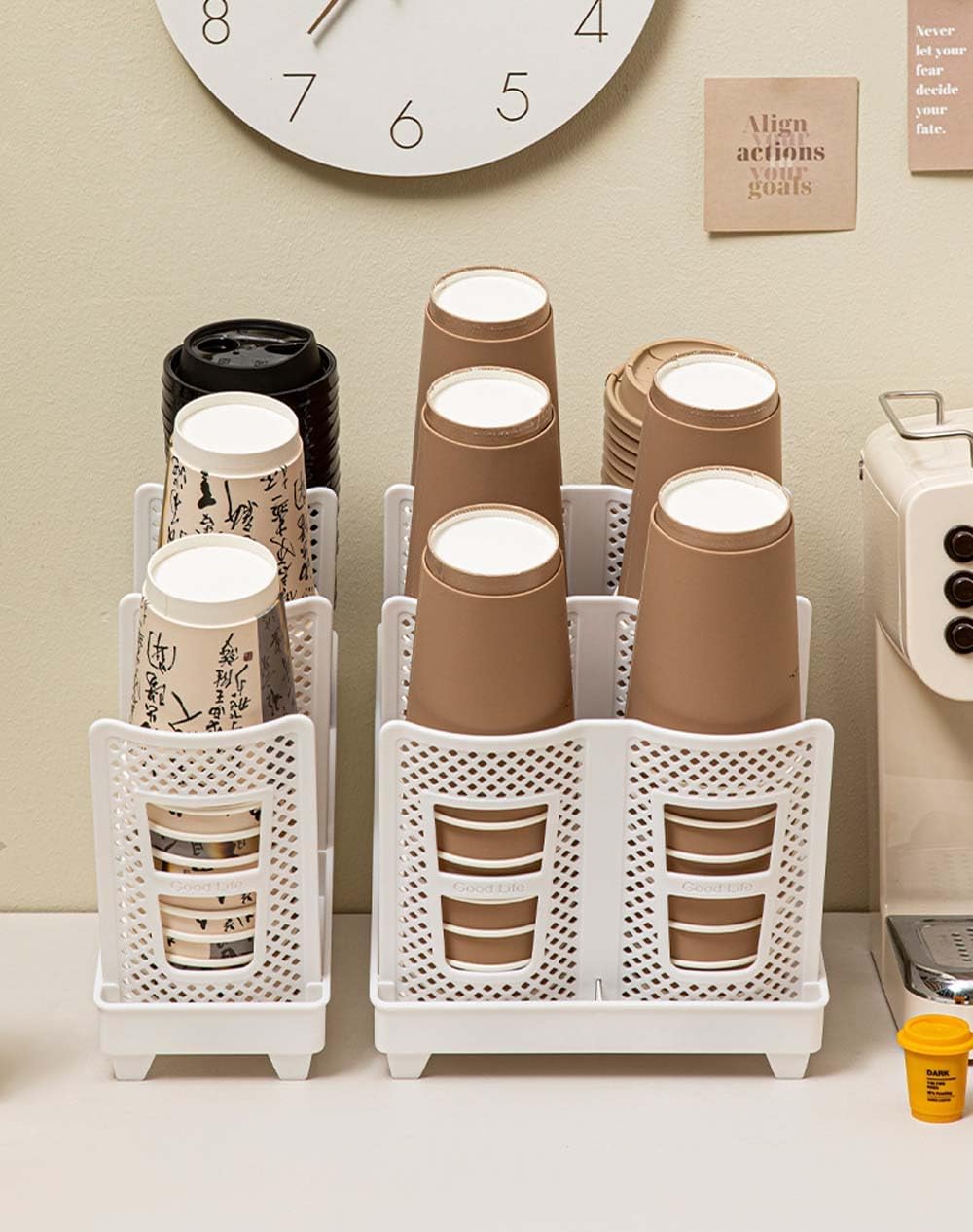 Paper Cup and Lid Holder,Disposable Plastic Coffee Cup Dispenser,3-Slot Upright Paper Cup Dispenser for Coffee Stations,Kitchens,Bars,Restaurants,Lounges,Single Row,White