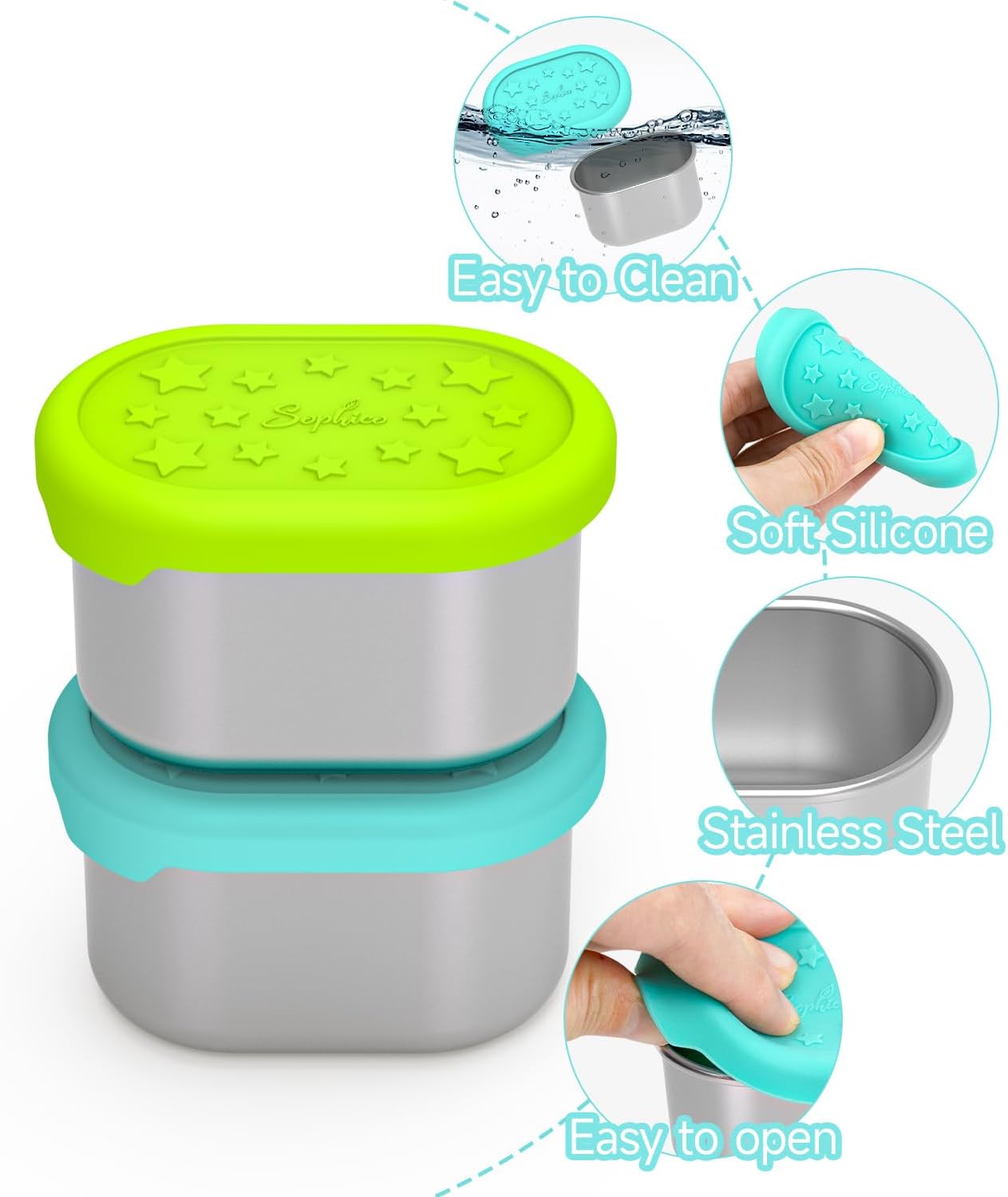 SOPHICO Stainless Steel Snack Containers for Kids, 8 oz Small Food Storage Container 1 Cup with Silicone Lid - Perfect 304 Metal Toddler Lunch Box for Daycare and School, Leak Proof (MIX, 4 PACK)