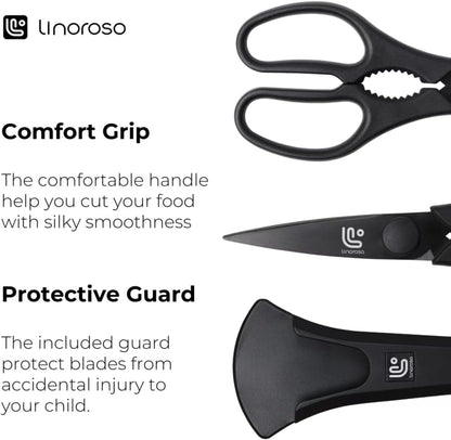 Linoroso Kitchen Scissors All Purpose with Magnetic Holder for Refrigerators, Dishwasher Safe Kitchen Shears Come Apart, Heavy Duty Scissors for Food, Meat, Vegetable, Herb, BBQ, Black