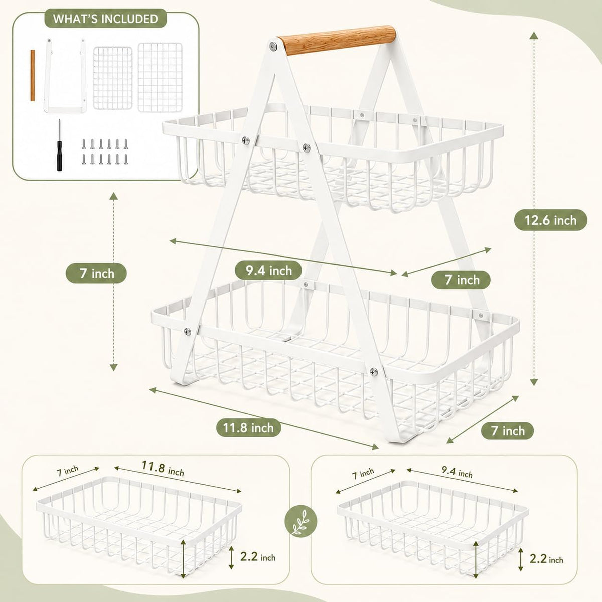 mahueeol 2-Tier Metal Fruit Basket for Kitchen Counter with Wooden Handle | Detachable rectangular baskets hold fruits, vegetables, bread and snacks; use stacked or separately in kitchens and pantries