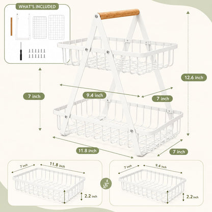 mahueeol 2-Tier Metal Fruit Basket for Kitchen Counter with Wooden Handle | Detachable rectangular baskets hold fruits, vegetables, bread and snacks; use stacked or separately in kitchens and pantries