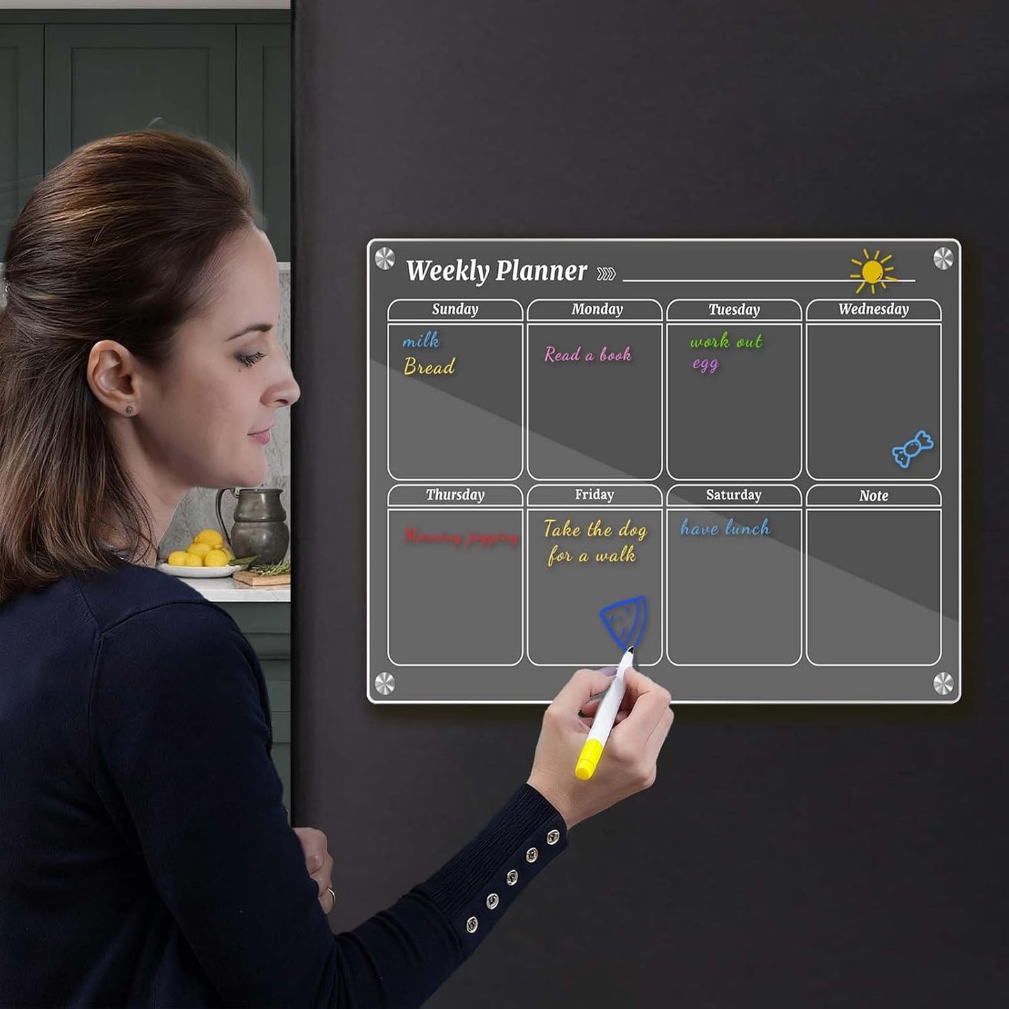 4Pcs Fridge Calendar Set, Clear Magnetic Dry Erase Daily, Weekly, Monthly Planners & Menu Board, w/ 2 Packs of 8 Markers