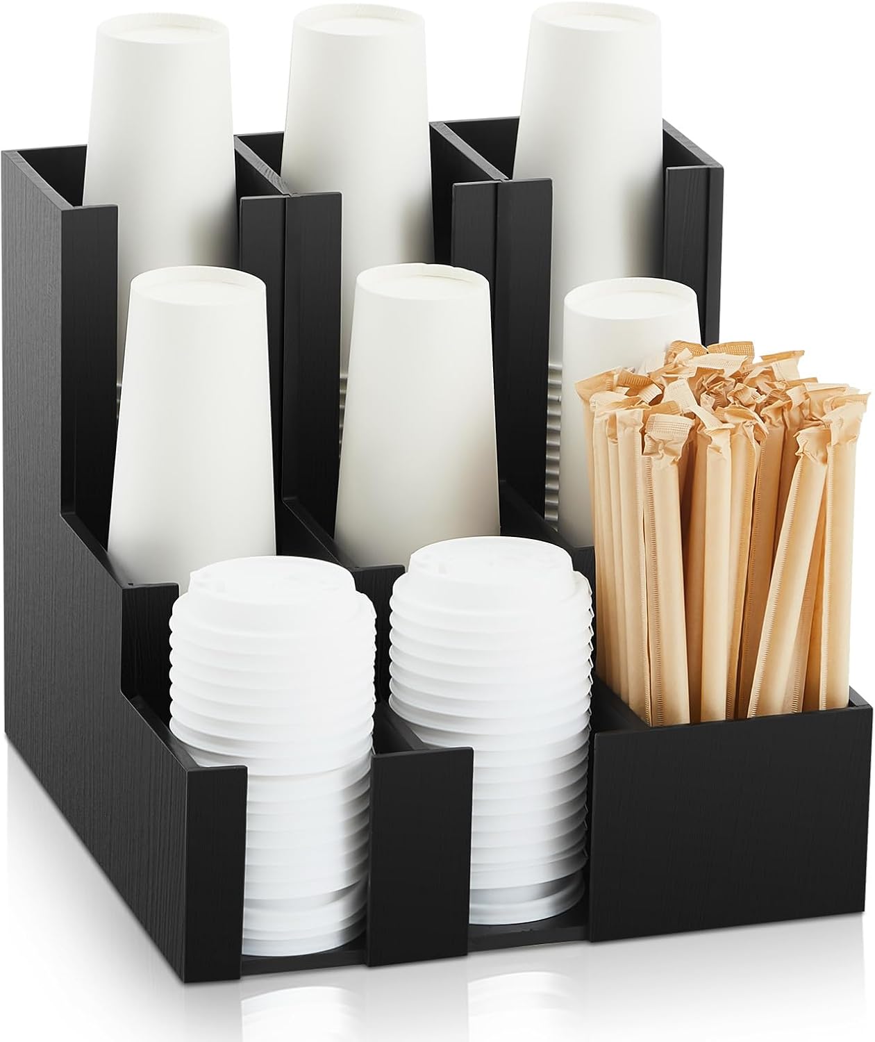 CroBlissful Wooden Vertical Coffee cup and lid dispenser, coffee condiment organizer, 9 Compartment for Disposable Paper & Plastic Cup, for cabinet Station Home Countertop Bar 13''l x 13''w x 12''h