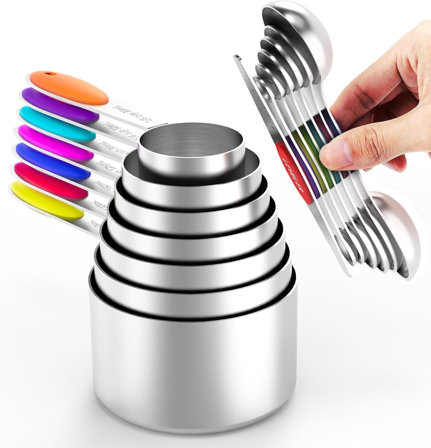 TILUCK measuring cups and magnetic measuring spoons set, stainless steel measuring cups, 6 double-sided stainless steel measuring spoons & 1 leveler (12)