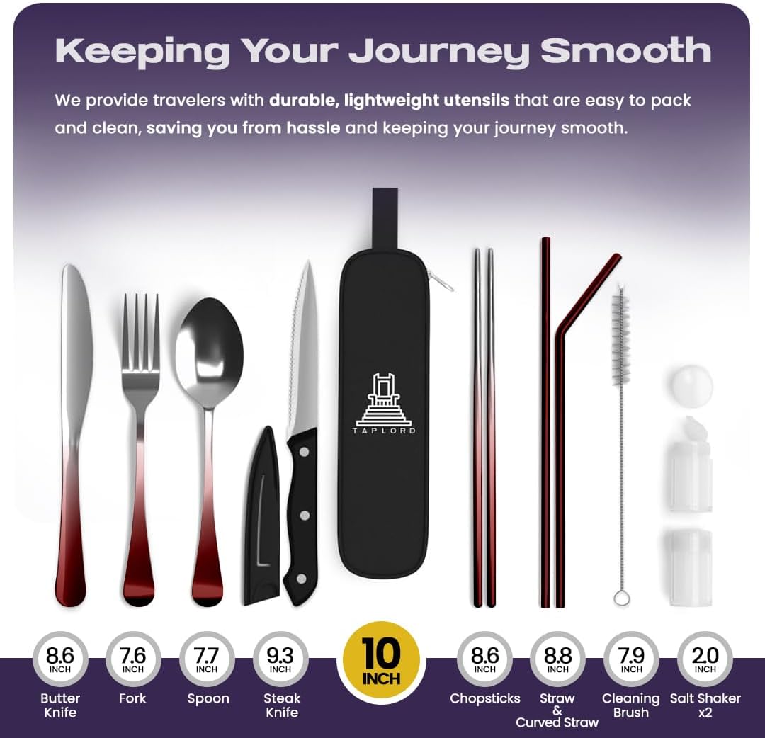 Taplord Portable Travel Silverware Set With Case, Includes 10 Pcs of Travel Utensils With Case, Stainless Steel Flatware Set For Camping, Lightweight (Multi-Color)