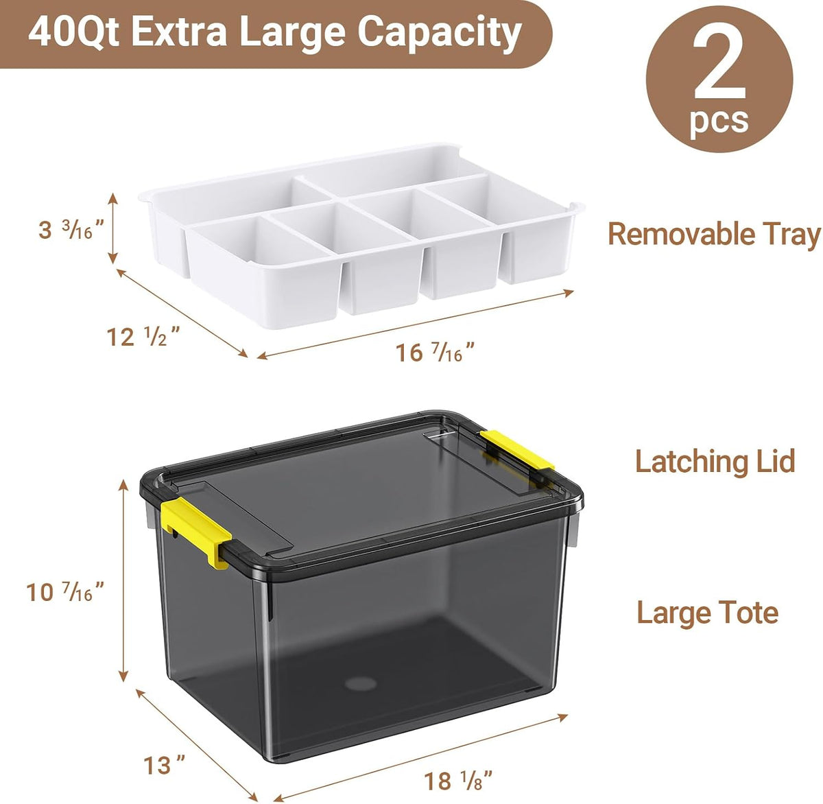 40Qt Stackable Storage Bins with Lids & Trays, Clear Plastic Latching Boxes Organizers with Dividers Portable 10Gal Containers for Arts & Crafts, Home and Car Trunk Organization, 2Pack