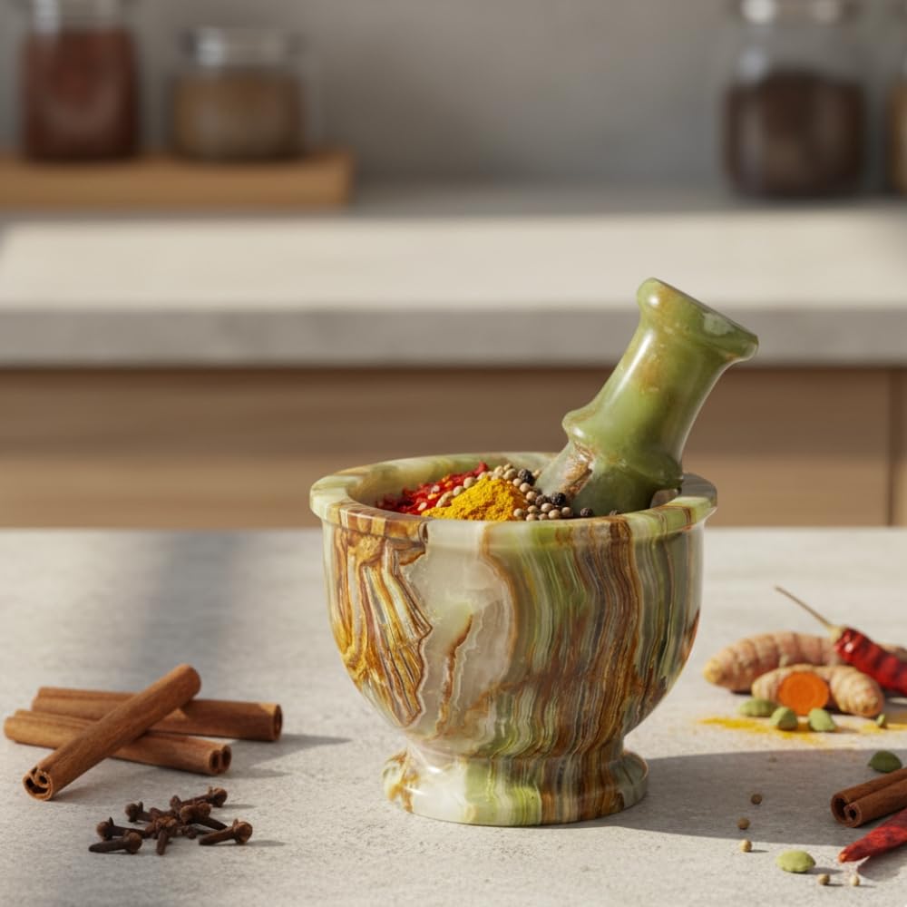 Mortar and Pestle Set – Large Stone Grinder with Polished Bowl & Non-Slip Base | Elegant Onyx Marble Kitchen Tool for Spices, Herbs & Guacamole