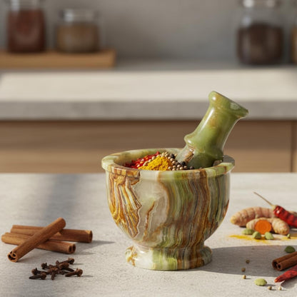 Mortar and Pestle Set – Large Stone Grinder with Polished Bowl & Non-Slip Base | Elegant Onyx Marble Kitchen Tool for Spices, Herbs & Guacamole
