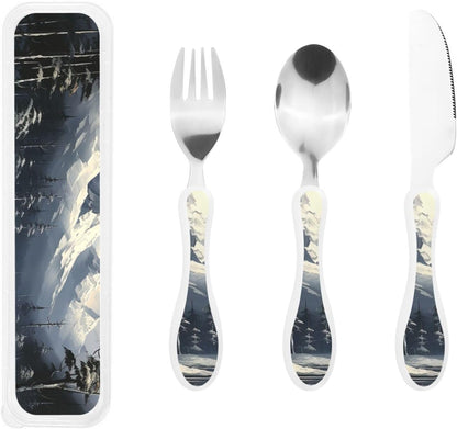 3-Piece Kids Silverware Set With Storage Case, Stainless Steel Reusable Children Safe Knife Spoon Fork Set Blue Active Girl Running Sunset Children Flatware Set For Kids Lunch Box - Colors C