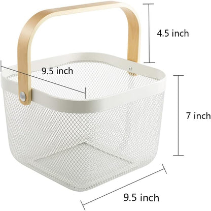 Mesh Steel Storage Organizer Basket Fruit Basket Bin with Wood Handle Ideal for Kitchen Bathroom Picnic Baskets Pantry Cabinets Storage Home Decor (White)