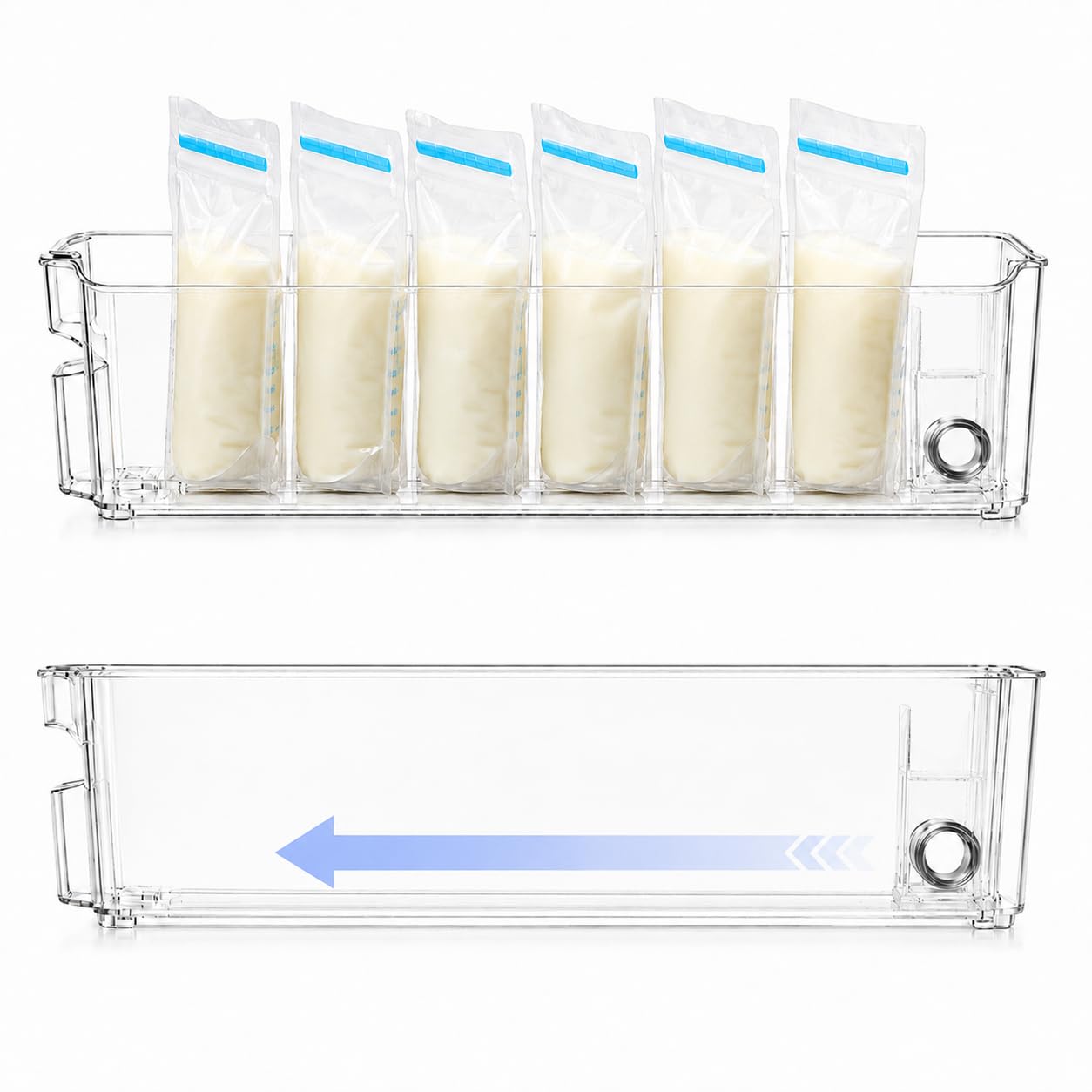 2 Set Breast Milk Storage Containers for Fridge and Freezer with Automatic Pusher, Clear Organizer Self Pushing Bins for Breastmilk Bags, Bottles and Pouches, 14.7 x 4.3 x 3.9 Inches