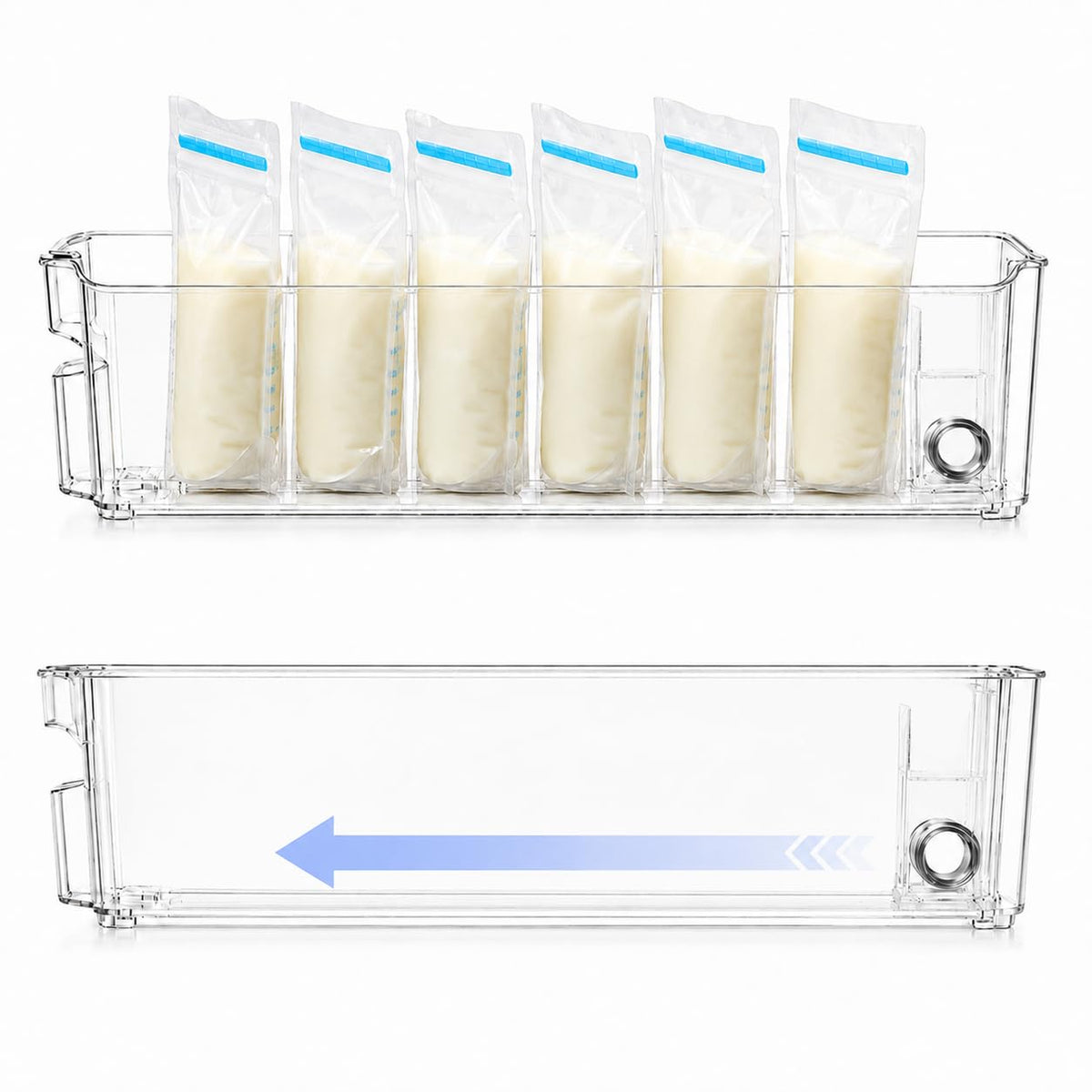 2 Set Breast Milk Storage Containers for Fridge and Freezer with Automatic Pusher, Clear Organizer Self Pushing Bins for Breastmilk Bags, Bottles and Pouches, 14.7 x 4.3 x 3.9 Inches