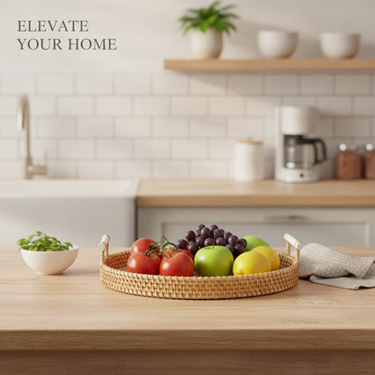 Hand Woven Rattan Basket with Wood Handle, Open Weave Storage Bin for Countertop Organization, Produce, and Snacks