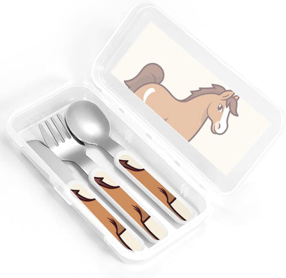 Stainless Steel Kids Silverware Set, Simple Horse Cartoon Utensil Set Reusable Children Safe Knife Spoon Fork Set With Storage Case Dishwasher Safe For Lunch, Travel Outdoors