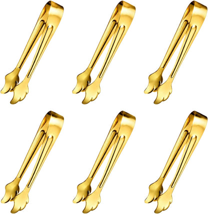 6-Piece Gold Mini Tongs, 4.33" Stainless Steel Ice Tongs for Ice Bucket