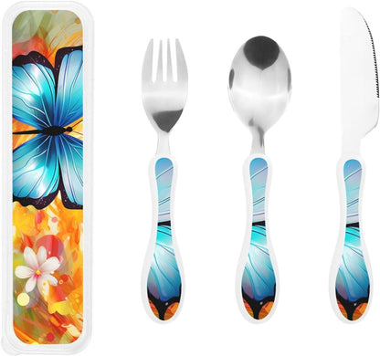 3-Piece Kids Silverware Set With Storage Case, Stainless Steel Reusable Children Safe Knife Spoon Fork Set Blue Active Girl Running Sunset Children Flatware Set For Kids Lunch Box - Colors A