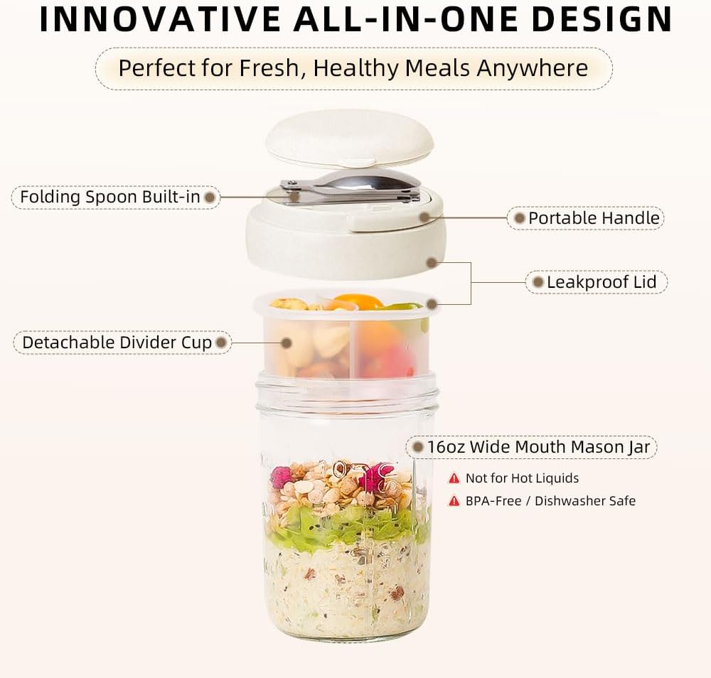 2 Pack Overnight Oats Containers with Lids and Handles, Folding Spoons & Divided Compartments for Fruit & Nuts, 16oz Mason Jars for Oatmeal Yogurt Container Chia Pudding Jars with lids (Cream 2pcs)