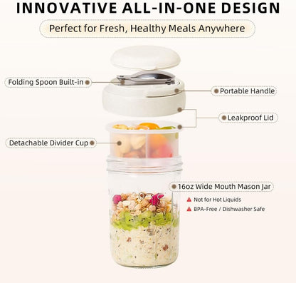2 Pack Overnight Oats Containers with Lids and Handles, Folding Spoons & Divided Compartments for Fruit & Nuts, 16oz Mason Jars for Oatmeal Yogurt Container Chia Pudding Jars with lids (Cream 2pcs)