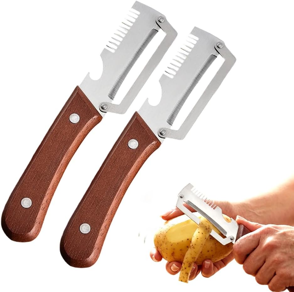 2 Pcs Premium Vegetable Peeler, Multi-Functional Vegetable Stainless Steel Peeler with Wooden Handle and Bottle Opener, Kitchen Gadgets Tool for Vegetables and Fruits, Pumpkin, Potato (2 Colors)