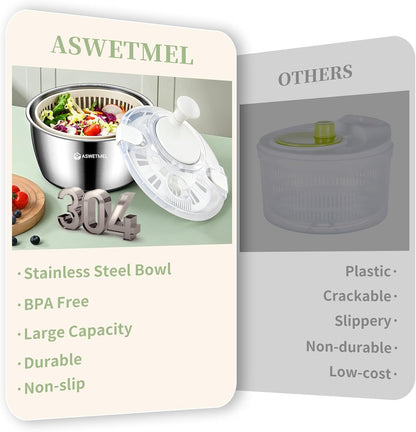 Stainless Steel Salad Spinner Large 5.3QT, ASWETMEL Stainless Salad Spinner with Non-Slip Base Lettuce Spinner, Salad Dryer Spinner for Vegetables & Fruits, Vegetable Washer, Beige