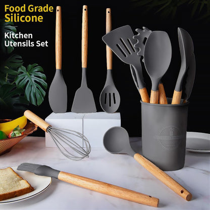 Silicone Cooking Utensils Set, 12Pcs Large Heat Resistant Kitchen Utensils, Turner Tongs, Spatula, Spoon, Wooden Handle Kitchen Gadgets with Holder for Nonstick Cookware, Dishwasher Safe (Grey)