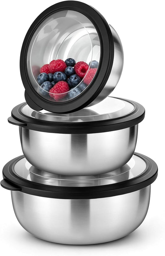 P&P CHEF Mixing Bowls with Lids Set of 3, Black Stainless Steel Salad Bowl