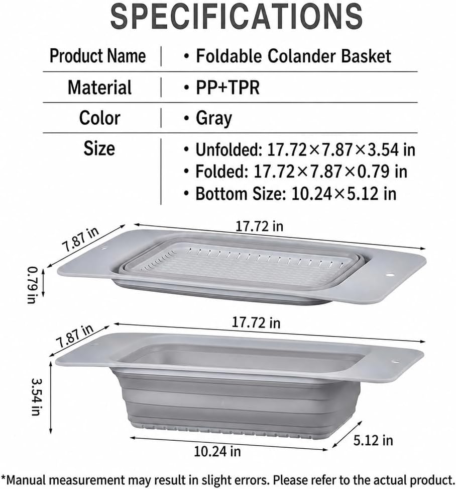 Monozuki Collapsible Colander – Space Saving Silicone Kitchen Strainer, Over The Sink Basket for Washing Fruits & Vegetables, Draining Pasta, Drying Dishes – Gray