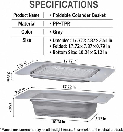 Monozuki Collapsible Colander – Space Saving Silicone Kitchen Strainer, Over The Sink Basket for Washing Fruits & Vegetables, Draining Pasta, Drying Dishes – Gray