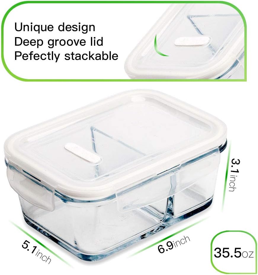 DAS TRUST 3 Pack Bento Box Glass Meal Prep Containers - 3 Compartment Glass Food Storage Containers with Lids - Lunch Box Meal Prep Bowls - Oven Safe