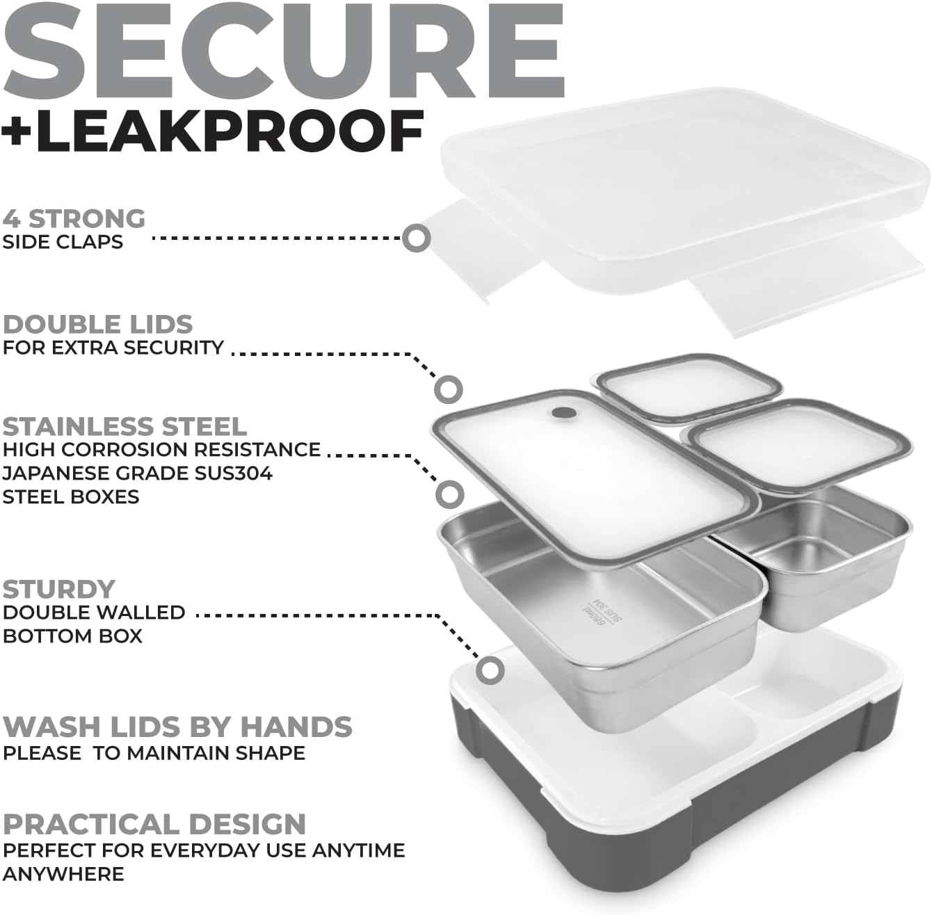 Stainless Steel Bento Lunch Box Set For Adults, Kids - Insulated Bag And Ice Pack - Leak-Proof Metal Compartment Meal Prep Food & Snack Containers For Work Travel School Daycare, 42 Oz Grey Black